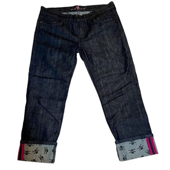 7 for All Mankind Women’s 27 Waist Capri Jeans Skulls Crossbones Cuffed - Picture 3 of 14